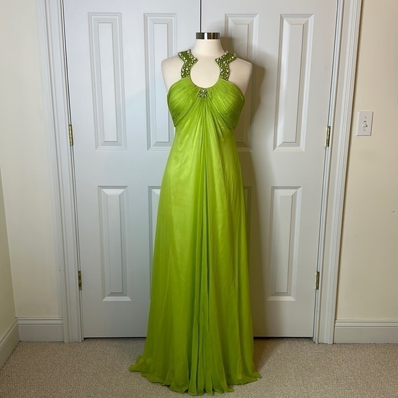 Aidan Mattox Chiffon Silk Beaded Neckline Gown Lime Green Sz8 - Picture 2 of 12